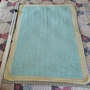 CROCHET Afghan Blanket Teal Blue Yellow Baby Small 44" x 32" Scalloped GIFT